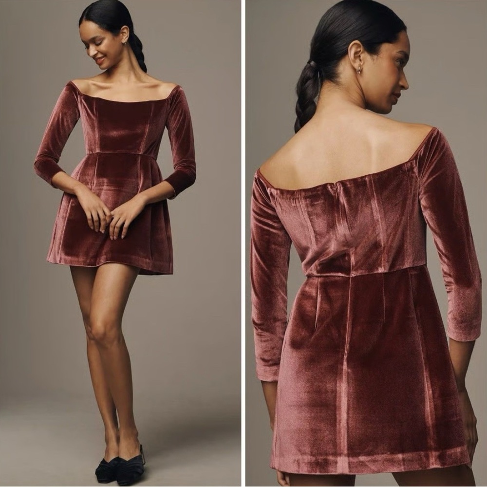 HUTCH x ANTHRO NWT Long-Sleev Square-Neck Velvet Flair Mini Dress Burgundy Red 8
